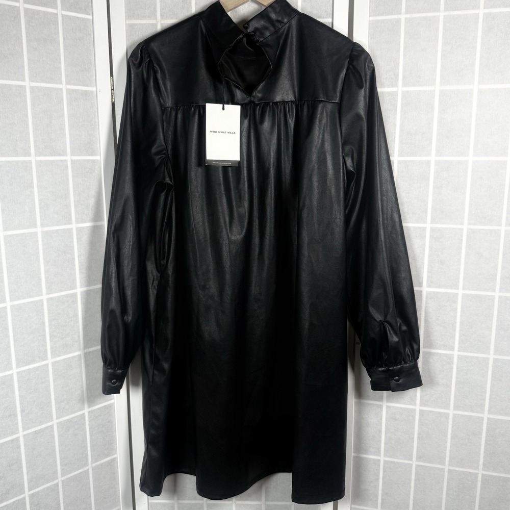 Who What Wear Dress Womens Large Faux Leather Black A Line Minimalist Chic NWT - Picture 9 of 10